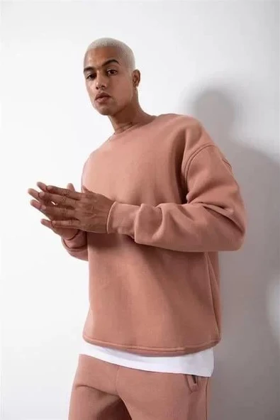 Unisex Biskilet Yaka Üç İplik SweatShirt - Pembe ürün görseli