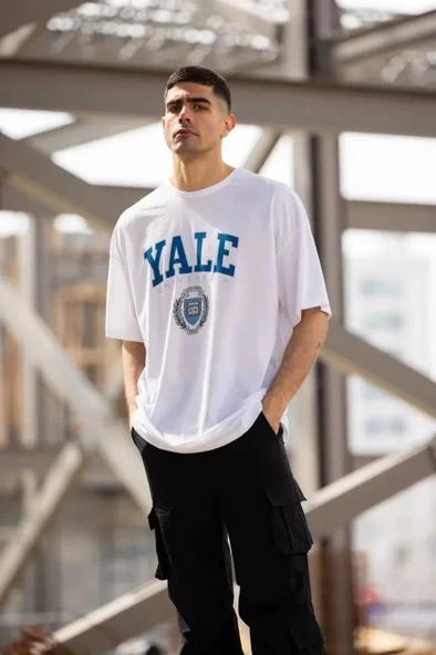 Unisex Bisiklet Yaka Baskılı Oversize T-Shirt - Beyaz - Resim 2