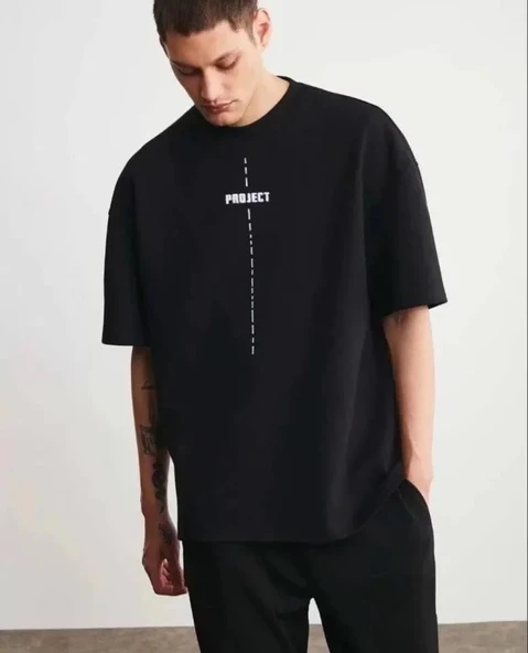 Unisex Bisiklet Yaka Baskılı Oversize T-Shirt - Siyah ürün görseli