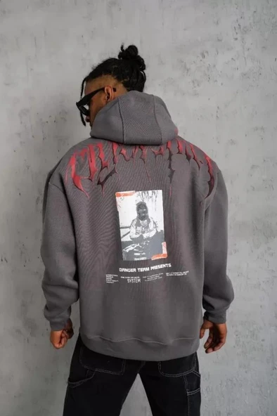 Erkek Ön Ve Arka Baskılı Kapüşonlu 3 İplik Sweatshirt - Füme - Resim 2