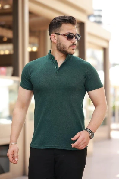 Erkek Hakim Yaka Dokuma Pamuklu Kumaş Kısa Kollu T-shirt - 1
