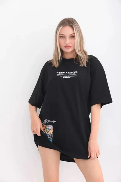 Unisex Bisiklet Yaka Baskılı Oversize T-Shirt - Siyah ürün görseli