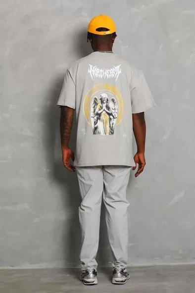 Unisex Oversize Baskılı Bisiklet Yaka T-Shirt - Gri - Resim 4