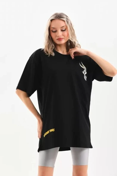 Unisex Baskılı Oversize T-Shirt - Siyah - Resim 4