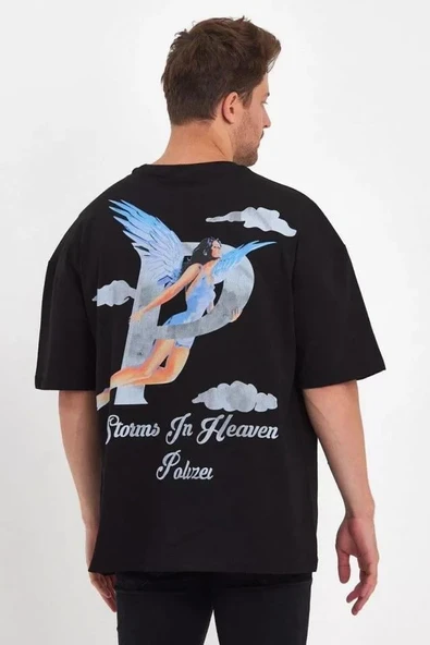 Erkek Melek Baskılı Oversize T-shirt - Siyah - Resim 2