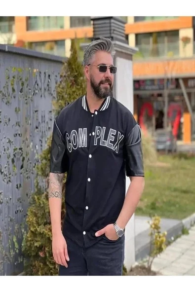 Erkek Complex Kolları Deri Kolej Oversize T-shirt - Siyah ürün görseli