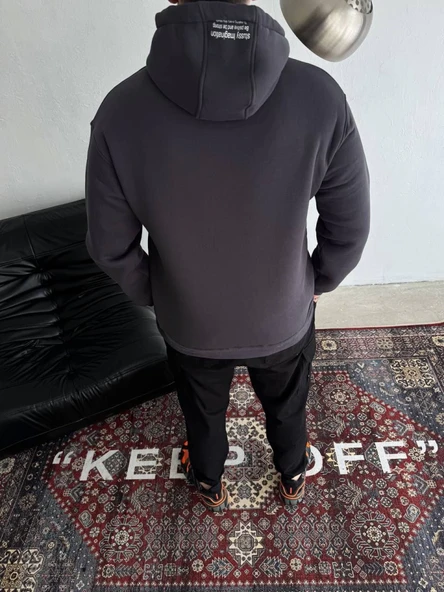 Üç İplik Kapşonlu Baskılı SweatShirt - Füme - Resim 2