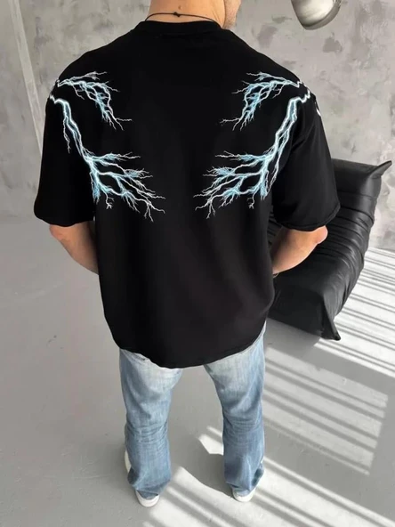 Unisex Bisiklet Yaka Baskılı Oversize T-Shirt - Siyah - Resim 3