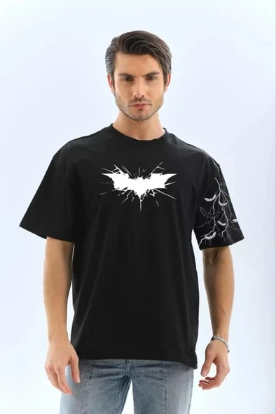 Unisex Ön Ve Kol Baskılı Oversize T-shirt - Siyah ürün görseli