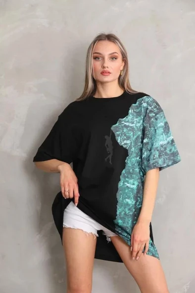 Unisex Bisiklet Yaka Baskılı Oversize T-Shirt - Siyah - Resim 4