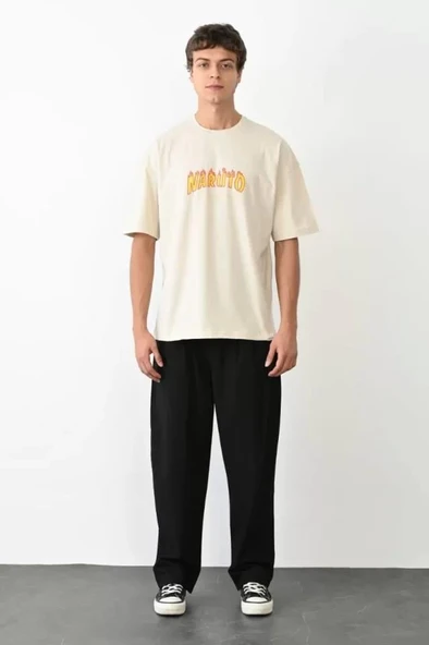 Unisex Bisiklet Yaka Baskılı Oversize T-Shirt - Beyaz ürün görseli