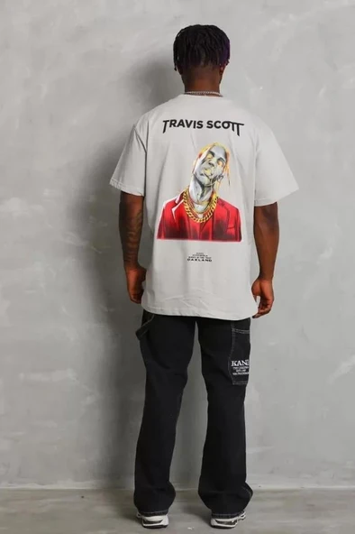 Unisex Oversize Baskılı Bisiklet Yaka T-Shirt - Gri - Resim 4