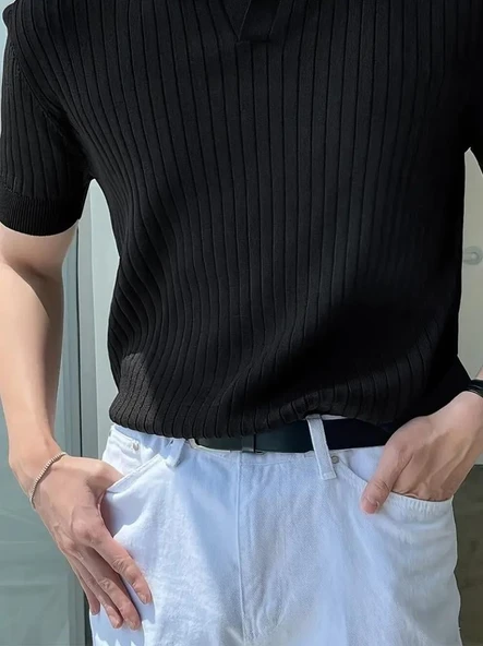 Erkek Kısa Kollu Yakalı Yakadan Düğmeli Triko Bluz - Resim 3