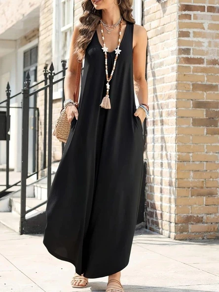 Kadın Askılı Yuvarlak Yaka Cepli Salaş Uzun Viskon Tulum ürün görseli