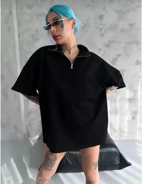 Unisex Yarım Fermuarlı Düz Oversize T-Shirt - Siyah ürün görseli