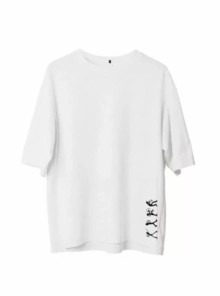 Unisex Bisiklet Yaka Baskılı Oversize T-Shirt - Beyaz ürün görseli