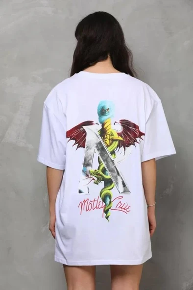 Unisex Bisiklet Yaka Baskılı Oversize T-Shirt - Beyaz - Resim 3