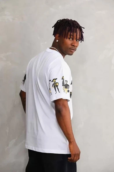 Unisex Bisiklet Yaka Baskılı Oversize T-Shirt - Beyaz - Resim 3