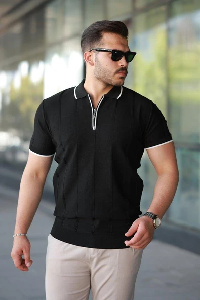 Erkek Dikey Kabartmalı Örgü Dokulu Fermuar Yakalı Tişört ürün görseli