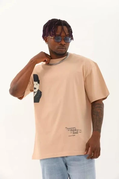 Unisex Oversize Baskılı Bisiklet Yaka T-Shirt - Bej - Resim 2