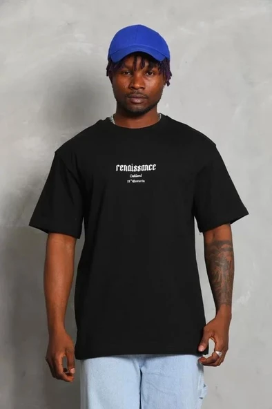 Unisex Oversize Baskılı Bisiklet Yaka T-Shirt - Siyah - Resim 2