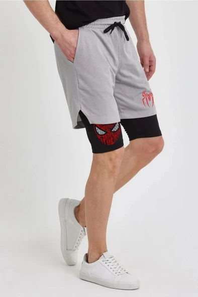 Unisex Baskılı İç Cepli Sporcu Alt Taytlı Şort - Gri - Resim 2