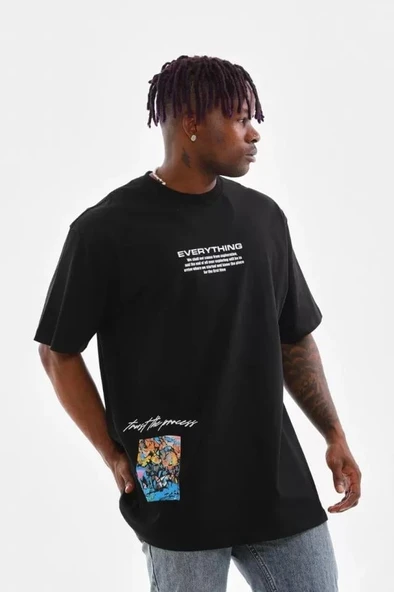 Unisex Bisiklet Yaka Baskılı Oversize T-Shirt - Siyah ürün görseli