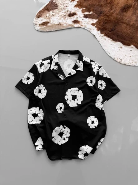 İki İplik Kumaş Baskılı Gömlek - Siyah ürün görseli