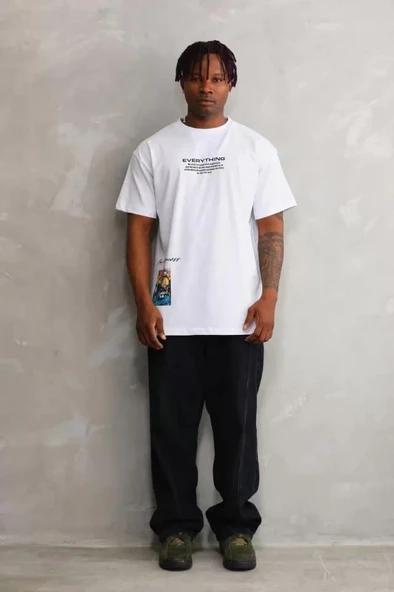 Unisex Bisiklet Yaka Baskılı Oversize T-Shirt - Beyaz - Resim 4