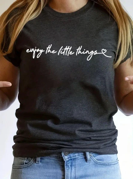 Kadın Kısa Kollu önü Yazı Baskılı Basic Süprem Bluz - Resim 2