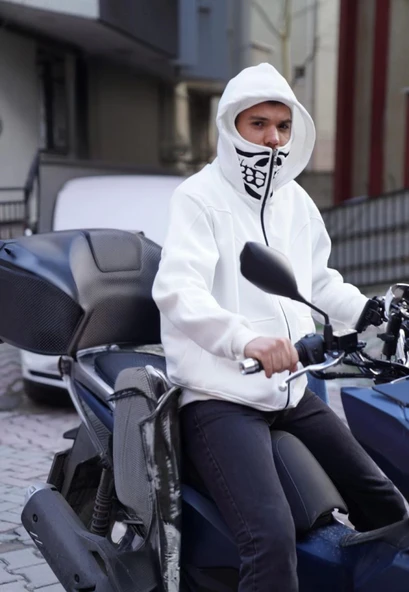 Samuray Kapşonlu ZIP Fermuarlı Çift Kapşonlu Nakışlı SweatShirt- Beyaz - Resim 3