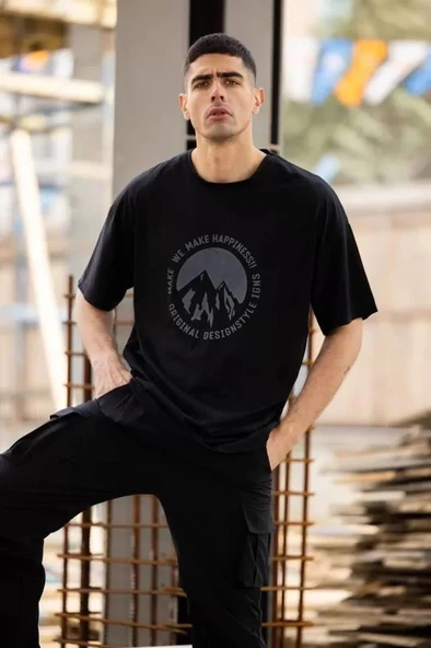 Unisex Bisiklet Yaka Baskılı Oversize T-Shirt - Siyah ürün görseli