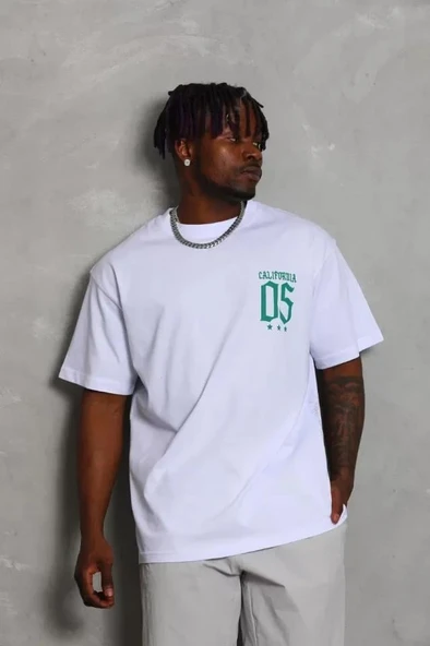 Unisex Oversize Baskılı Bisiklet Yaka T-Shirt - Beyaz - Resim 2