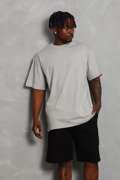 Unisex Oversize Düz Bisiklet Yaka T-Shirt - Gri - Resim 4