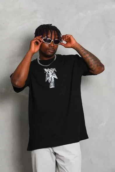 Unisex Oversize Baskılı Bisiklet Yaka T-Shirt - Siyah - Resim 2