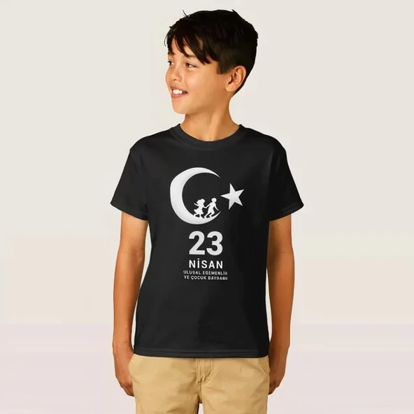 23 Nisan Çocuk Bayramı Baskılı Özel T-shirt - Siyah - Resim 3