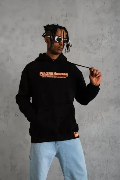 Erkek Armalı Baskılı Kapüşonlu Sweatshirt - Siyah - Resim 2