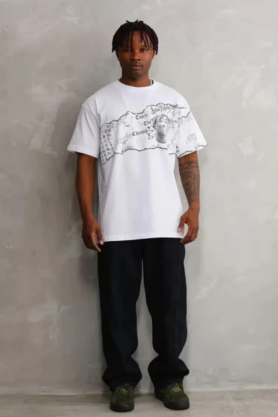 Unisex Bisiklet Yaka Baskılı Oversize T-Shirt - Beyaz - Resim 4