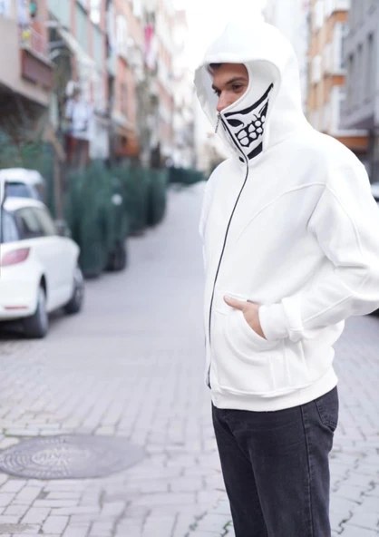 Samuray Kapşonlu ZIP Fermuarlı Çift Kapşonlu Nakışlı SweatShirt- Beyaz ürün görseli