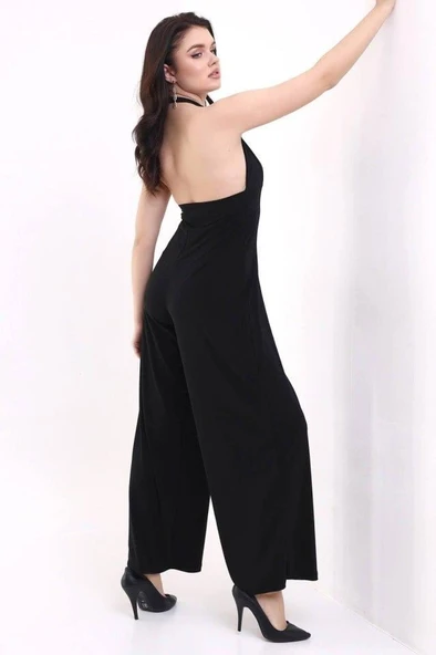 Kadın V YakaSırt Dekolteli Geniş Paça Sandy Kumaş Fırsat Ürün Tulum - Resim 2