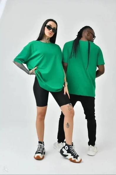 Unisex Basic Bisiklet Yaka Oversize T-Shirt - Yeşil ürün görseli