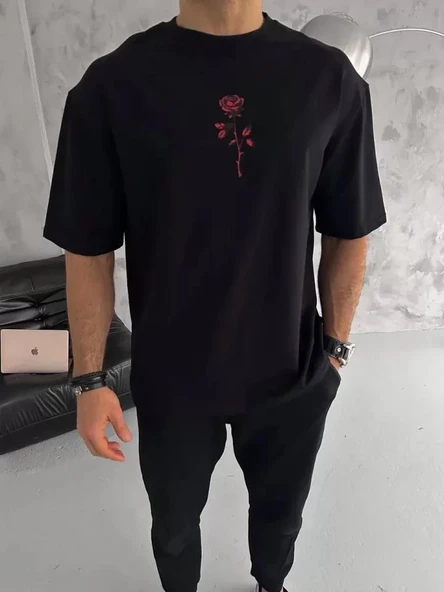 Unisex Bisiklet Yaka Baskılı Oversize T-Shirt - Siyah ürün görseli