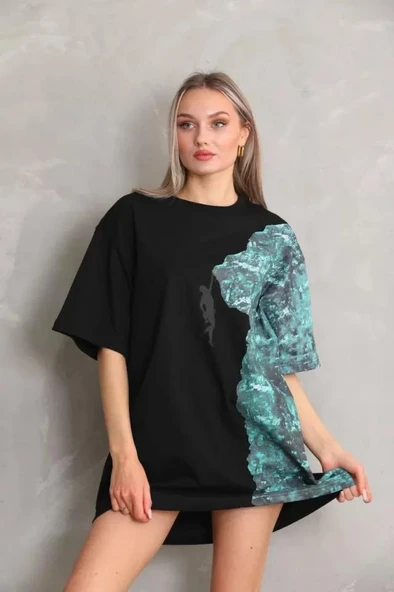 Unisex Bisiklet Yaka Baskılı Oversize T-Shirt - Siyah - Resim 2