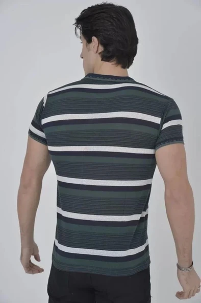 Erkek Yakalı Slim Fit Dokuma Çizgili T-Shirt - Haki - Resim 2