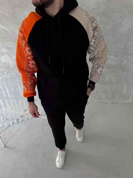 Üç İplik Penye Kapşonlu Parçalı SweatShirt - Siyah ürün görseli