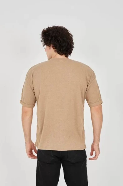 Unisex Jakar Kumaş Rahat Kol T-Shirt - Kahverengi - Resim 3