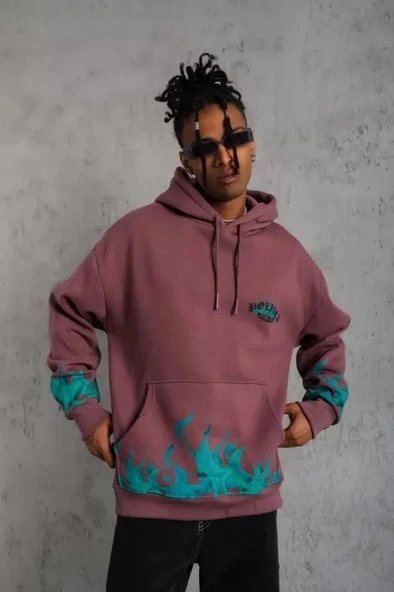 Erkek Üç İplik Içi Pamuklu Alev Baskılı Kapüşonlu Sweatshirt - Gül Kurusu - Resim 3