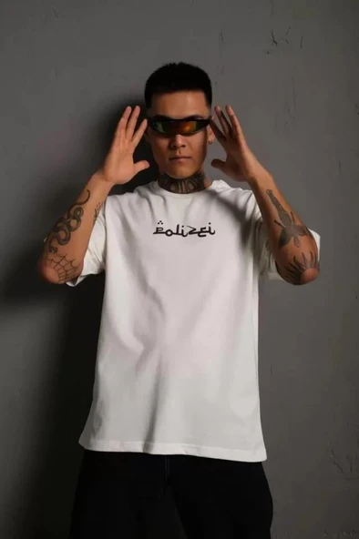 Erkek Bisiklet Yakalı Sırt Baskılı Oversize T-Shirt - Beyaz - 2