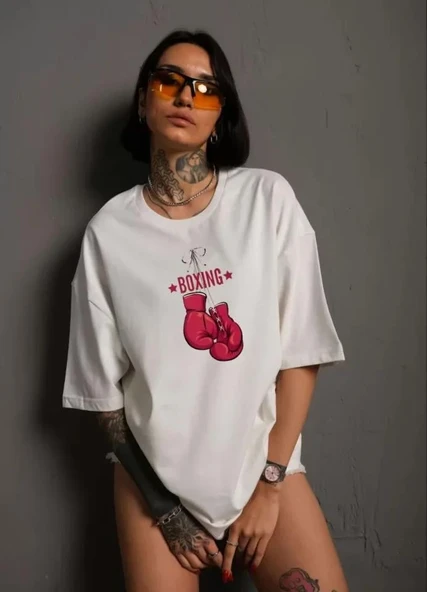 Unisex Bisiklet Yaka Baskılı Oversize T-Shirt - Beyaz ürün görseli