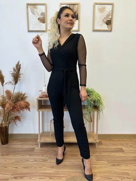 Krep Kumaş Kol Tül Puan Detaylı Kuşaklı Tulum 141 Cm - Resim 6